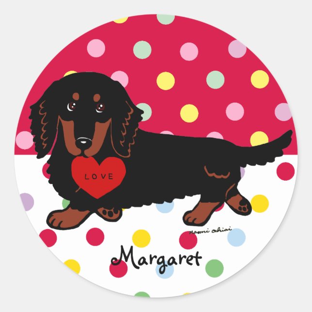 Dachshund Long Haired Black and Tan Classic Round Sticker (Front)