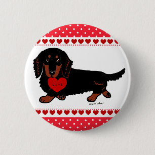 Dachshund Long Haired Black and Tan Heart Button