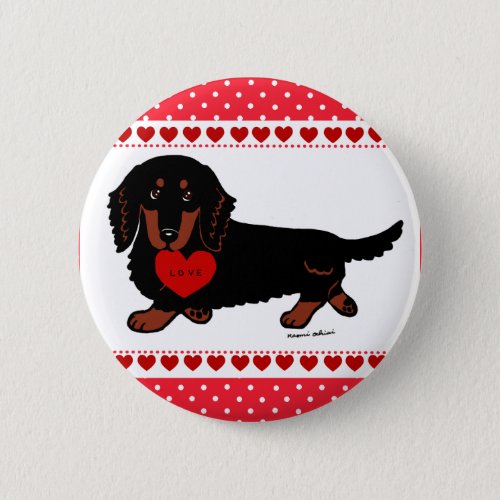 Dachshund Long Haired Black and Tan Heart Button