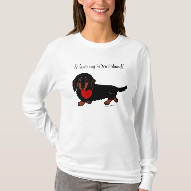 Dachshund Long Haired Black and Tan Heart T-Shirt (Front)