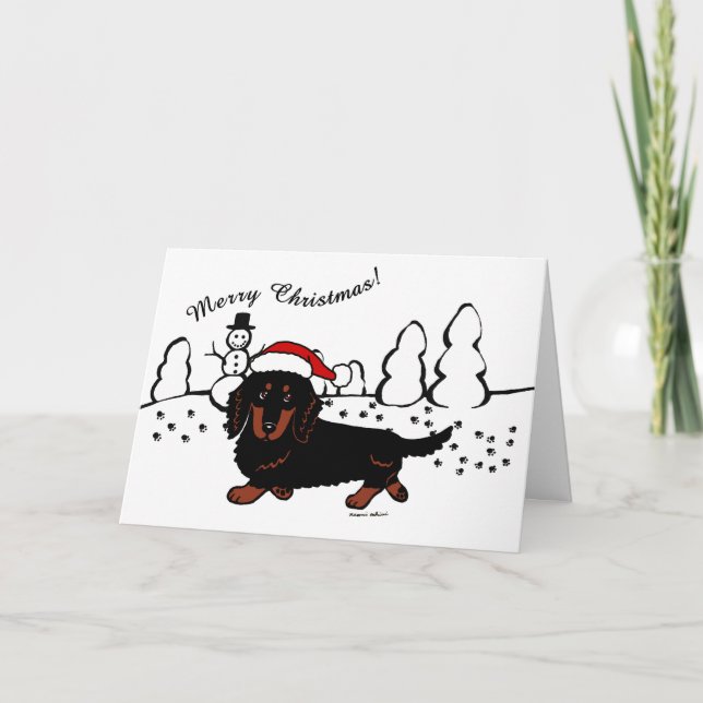 Dachshund Long Haired Black and Tan Holiday Card (Front)