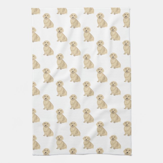 Dachshund (Long Haired, Cream Fawn Tan) Kitchen Towel (Vertical)