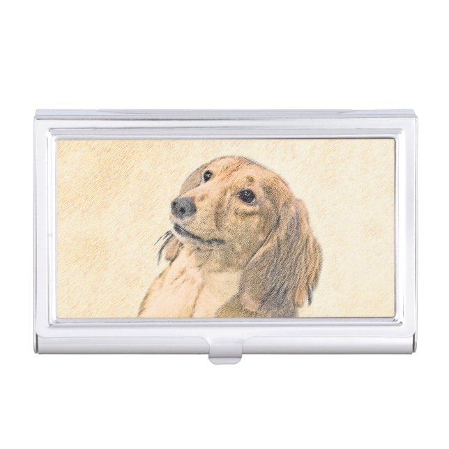 Dachshund (Longhaired) Painting - Original Dog Art Business Card Case (Front)