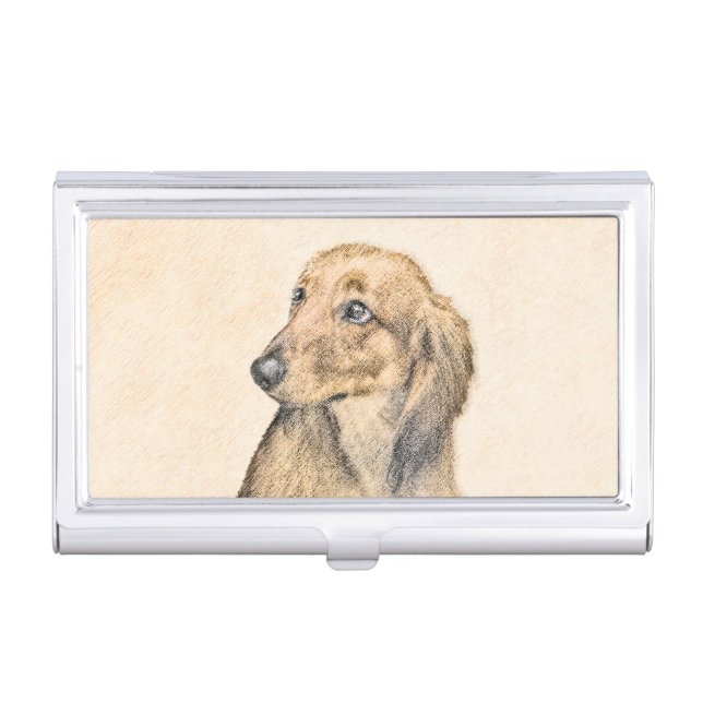 Dachshund (Longhaired) Painting - Original Dog Art Business Card Holder (Front)