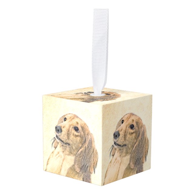 Dachshund (Longhaired) Painting - Original Dog Art Cube Ornament (Front Angled)