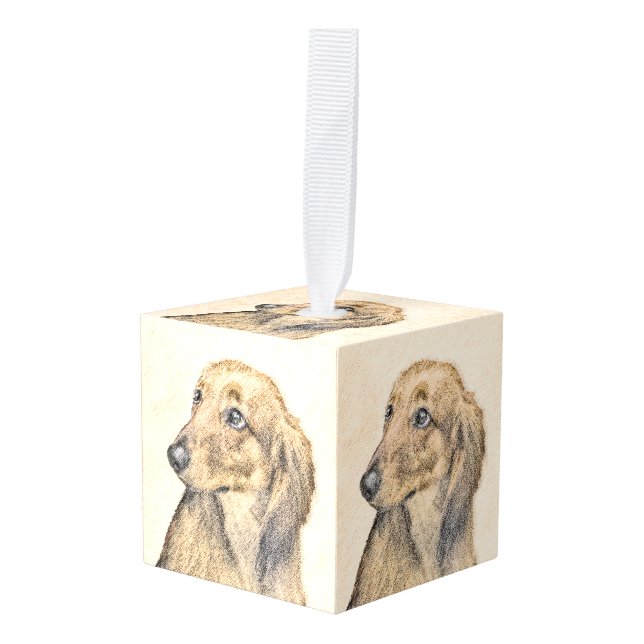 Dachshund (Longhaired) Painting - Original Dog Art Cube Ornament (Front Angled)