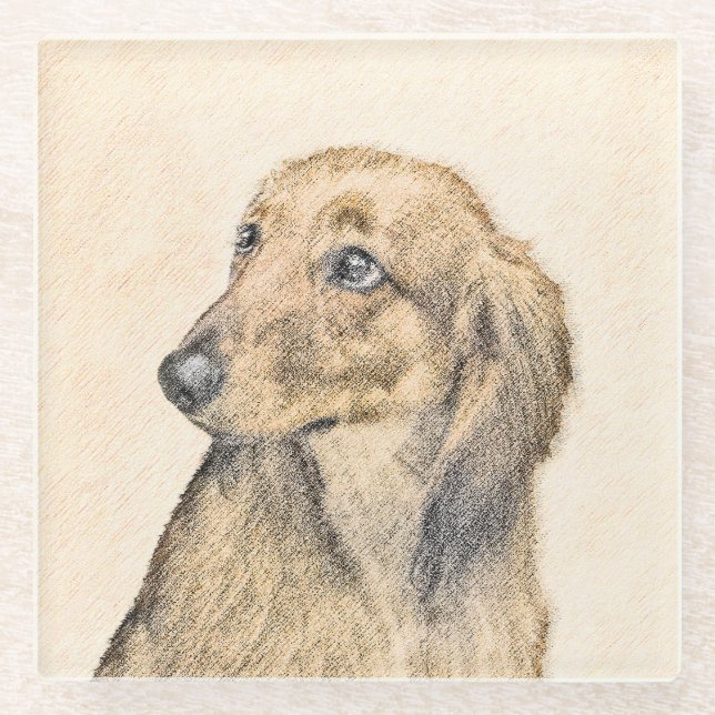 Dachshund (Longhaired) Painting - Original Dog Art Glass Coaster (Front)
