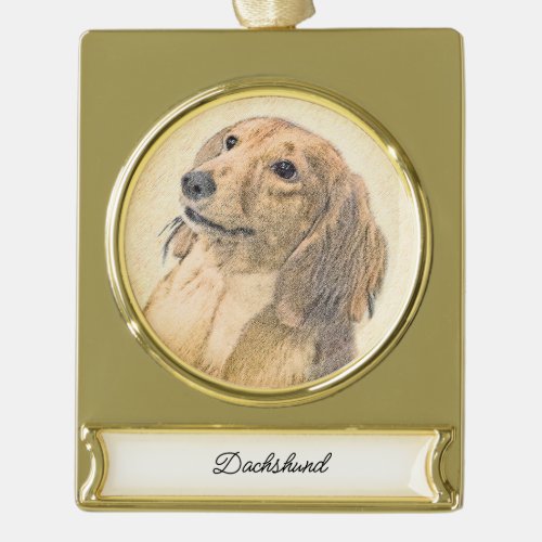 Dachshund Longhaired Painting _ Original Dog Art Gold Plated Banner Ornament