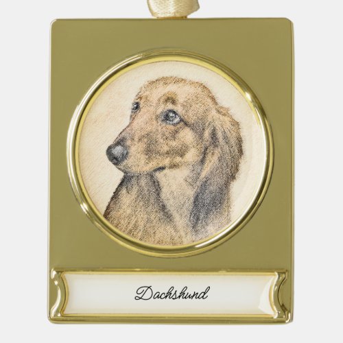 Dachshund Longhaired Painting _ Original Dog Art Gold Plated Banner Ornament