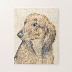 Dachshund (Longhaired) Painting - Original Dog Art Jigsaw Puzzle