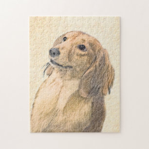 Dachshund (Longhaired) Painting - Original Dog Art Jigsaw Puzzle
