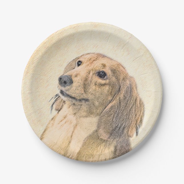 Dachshund (Longhaired) Painting - Original Dog Art Paper Plates (Front)