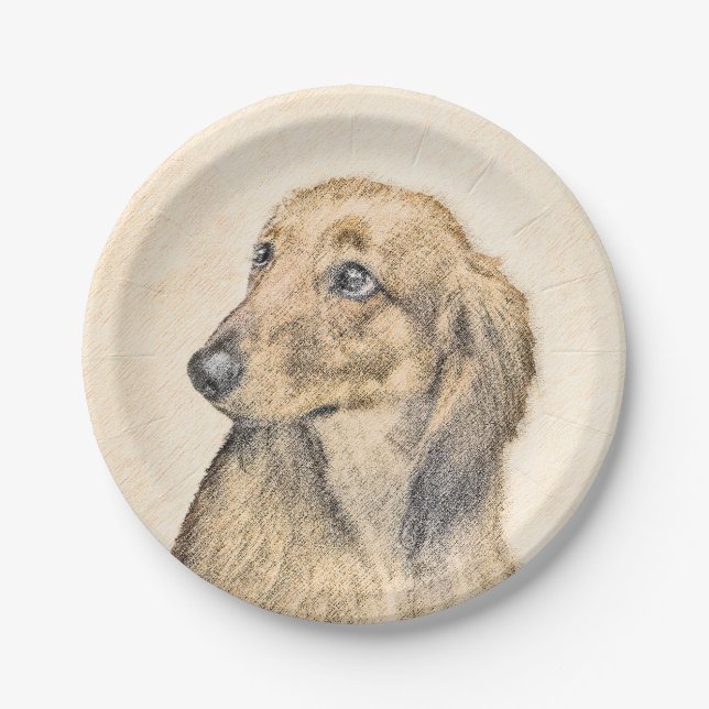 Dachshund (Longhaired) Painting - Original Dog Art Paper Plates (Front)
