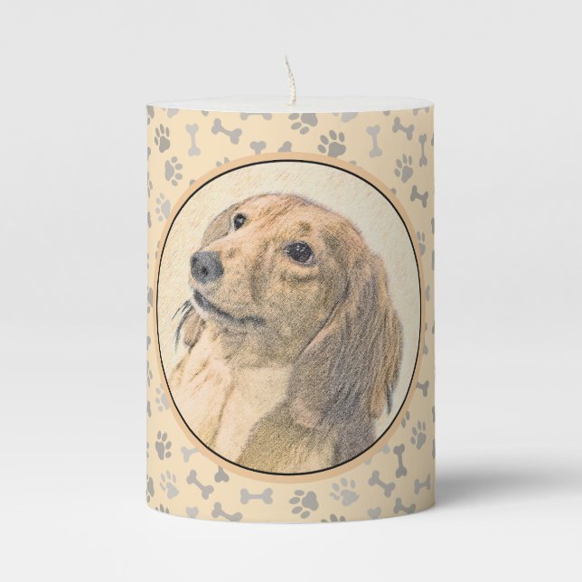 Dachshund (Longhaired) Painting - Original Dog Art Pillar Candle (Front)