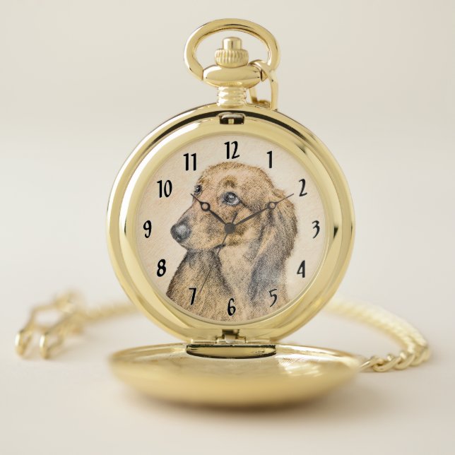 Dachshund (Longhaired) Painting Original Dog Art Pocket Watch (Inside)
