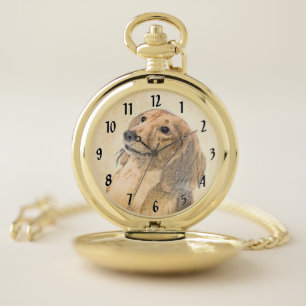 Dachshund (Longhaired) Painting - Original Dog Art Pocket Watch