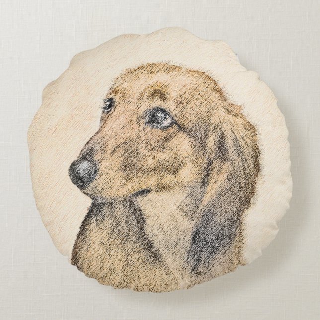 Dachshund (Longhaired) Painting - Original Dog Art Round Pillow (Back)