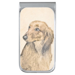 Dachshund (Longhaired) Painting - Original Dog Art Silver Finish Money Clip