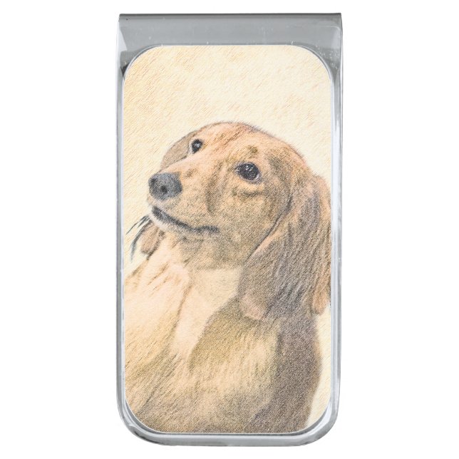 Dachshund (Longhaired) Painting - Original Dog Art Silver Finish Money Clip (Front Vertical)