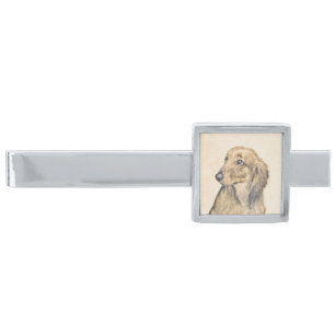 Dachshund (Longhaired) Painting - Original Dog Art Silver Finish Tie Clip