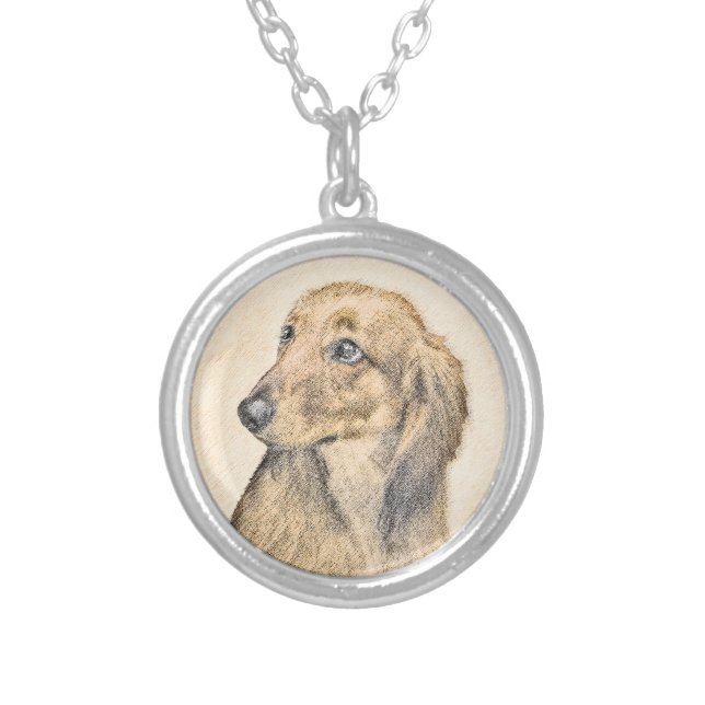 Dachshund (Longhaired) Painting - Original Dog Art Silver Plated Necklace (Front)