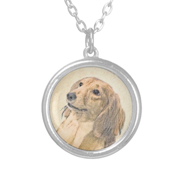 Dachshund (Longhaired) Painting - Original Dog Art Silver Plated Necklace (Front)