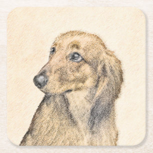 Dachshund (Longhaired) Painting - Original Dog Art Square Paper Coaster