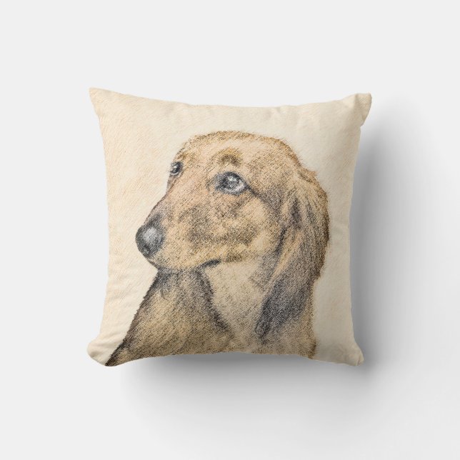 Dachshund (Longhaired) Painting - Original Dog Art Throw Pillow (Front)