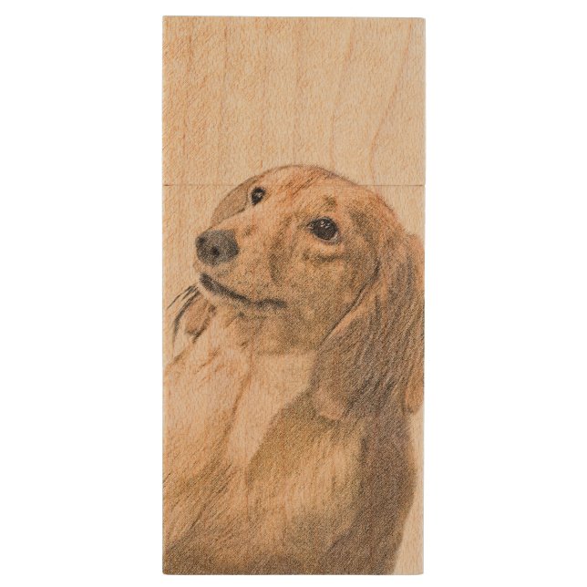 Dachshund (Longhaired) Painting - Original Dog Art Wood Flash Drive (Back (Vertical))