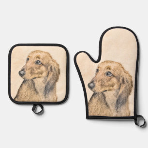 Dachshund Longhaired Red Painting Original Dog Art Oven Mitt & Pot Holder Set