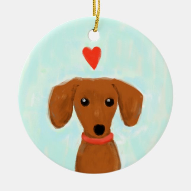 Dachshund Love | Cute Wiener Dog with Heart Ceramic Ornament (Front)
