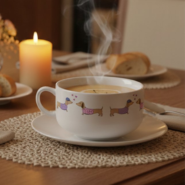 Dachshund Love for Couples Kitchen Soup Bowl Mug (Wiener dog soup bowl for chili - hearts with boy and girl dachshunds. Great valentines day gift.)