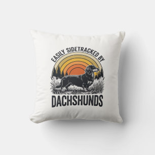 Dachshund Lover Shirt Easily Sidetracked Retro Art Throw Pillow