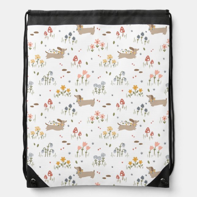 Dachshund Lover Weiner Dog Sausage Dog Wildflower Drawstring Bag (Front)