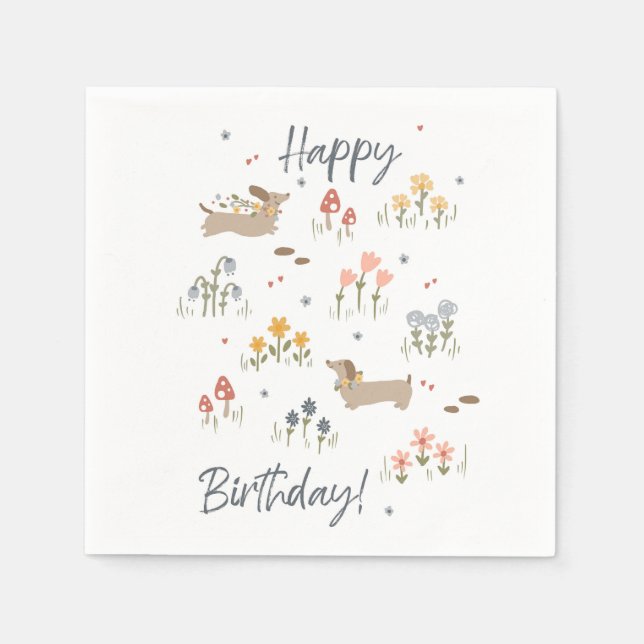 Dachshund Lovers Happy Birthday Floral Party Napkins (Front)