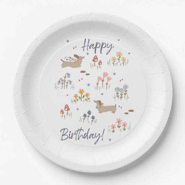 Dachshund Lovers Happy Birthday Floral Party Paper Plates (Front)
