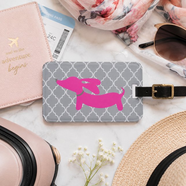 Dachshund Luggage Bag Tag Pink & Gray (Wiener dog luggage tag pink and gray)