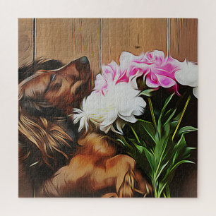 Dachshund Lying On The Wooden Floor Jigsaw Puzzle