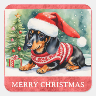 Dachshund Merry Christmas Cute Puppy Dog Square Sticker