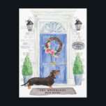 Dachshund Moving Announcement Postcard<br><div class="desc">Announce your new address with our stylish announcement featuring a Dachshund,  blue front door,  welcome mat,  slate sign,  topiaries and a floral wreath set on a gray brick background.</div>