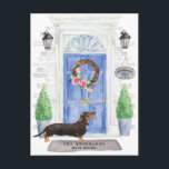 Dachshund Moving Announcement Postcard<br><div class="desc">Announce your new address with our stylish announcement featuring a Dachshund,  blue front door,  welcome mat,  slate sign,  topiaries and a floral wreath set on a gray brick background.</div>