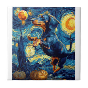 Dachshund of van gogh starry night halloween Funny Ceramic Tile