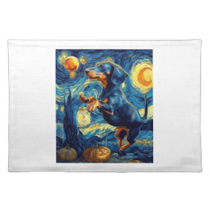 Dachshund of van gogh starry night halloween Funny Cloth Placemat