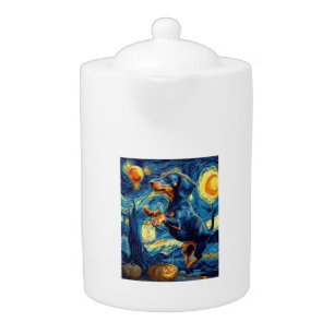 Dachshund of van gogh starry night halloween Funny Teapot