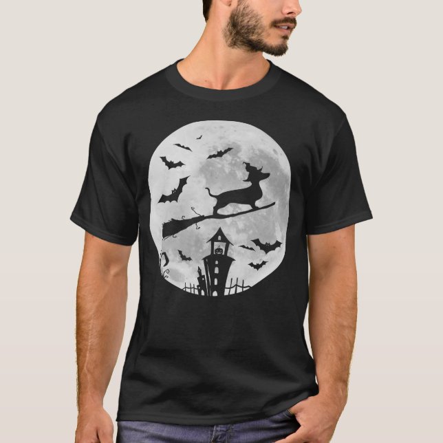 Dachshund on a Broomstick Moon Witch Sausage Dog H T-Shirt (Front)