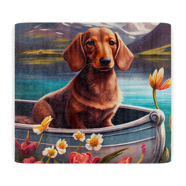 Dachshund on a Paddle: A Scenic Adventure Cutting Board (Front)