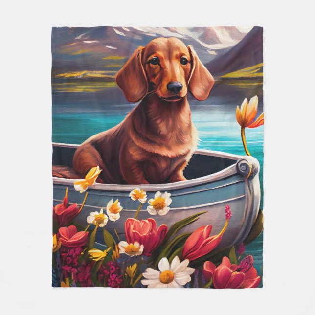 Dachshund on a Paddle: A Scenic Adventure Fleece Blanket (Front)