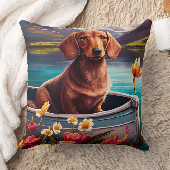 Dachshund on a Paddle: A Scenic Adventure  Throw Pillow (Blanket)