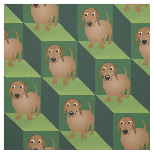 Dachshund on Green Cubes Fabric