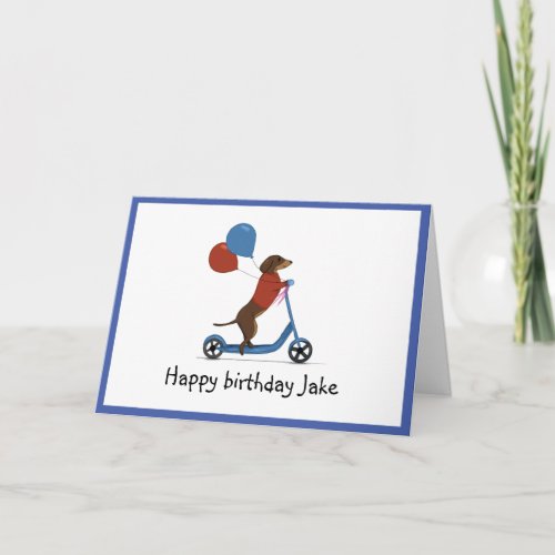 Dachshund on scooter with balloons card